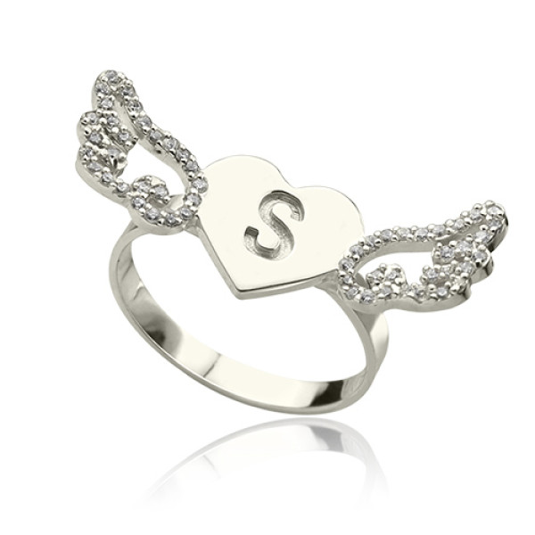 Heart Angel Wings Ring Engraved Initial  Birthstone Sterling Silver  - Handcrafted & Custom-Made