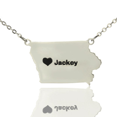 Iowa State USA Map Necklace With Heart  Name Silver - Handcrafted & Custom-Made