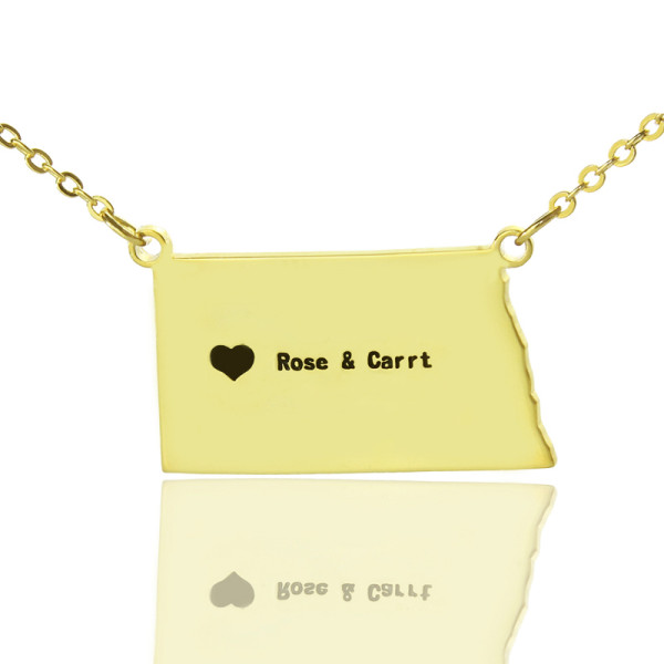 Personalised ND State USA Map Necklace With Heart  Name Gold Plated - Handcrafted & Custom-Made