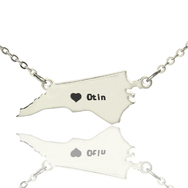 Personalised NC State USA Map Necklace With Heart  Name Silver - Handcrafted & Custom-Made