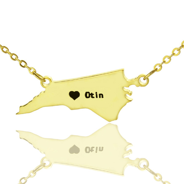 Personalised NC State USA Map Necklace With Heart  Name Gold Plated - Handcrafted & Custom-Made