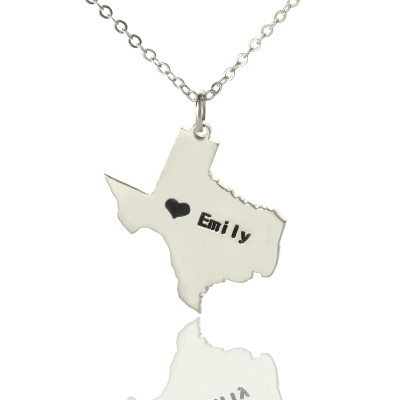 Texas State USA Map Necklace With Heart  Name Silver - Handcrafted & Custom-Made