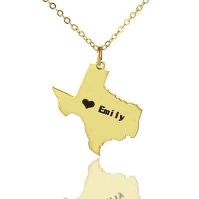 Texas State USA Map Necklace With Heart  Name Gold Plated - Handcrafted & Custom-Made