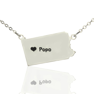 Personalised Pennsylvania State USA Map Necklace With Heart  Name Silver - Handcrafted & Custom-Made