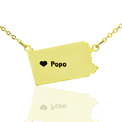 Personalised PA State USA Map Necklace With Heart  Name Gold Plated - Handcrafted & Custom-Made