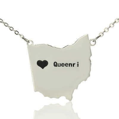 Custom Ohio State USA Map Necklace With Heart  Name Silver - Handcrafted & Custom-Made