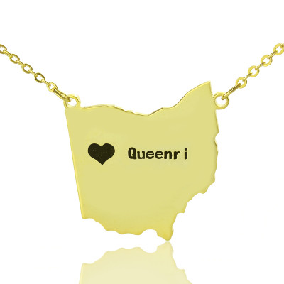 Custom Ohio State USA Map Necklace With Heart  Name Gold Plated - Handcrafted & Custom-Made