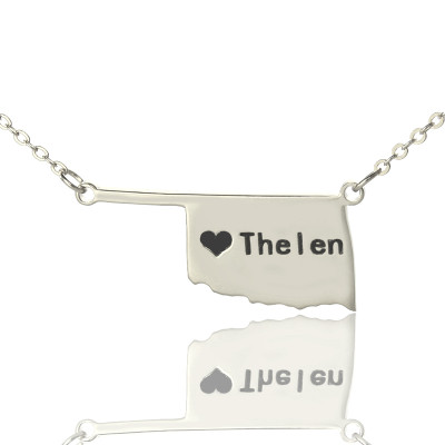 America Oklahoma State USA Map Necklace With Heart  Name Silver - Handcrafted & Custom-Made