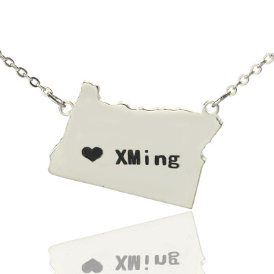 Custom Oregon State USA Map Necklace With Heart  Name Silver - Handcrafted & Custom-Made