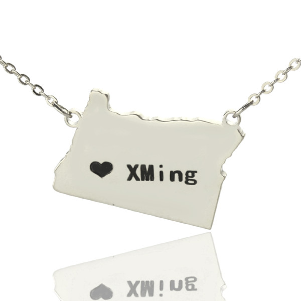 Custom Oregon State USA Map Necklace With Heart  Name Silver - Handcrafted & Custom-Made