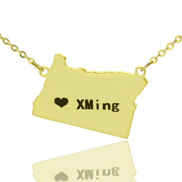 Custom Oregon State USA Map Necklace With Heart  Name Gold Plated - Handcrafted & Custom-Made
