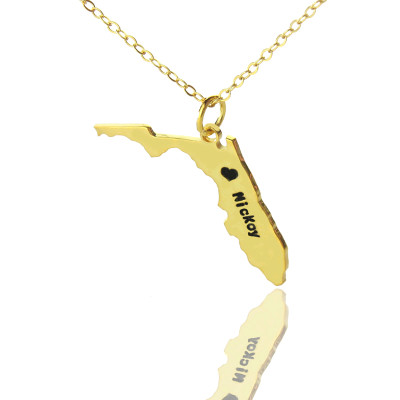 Custom Florida State USA Map Necklace With Heart  Name Gold Plated - Handcrafted & Custom-Made