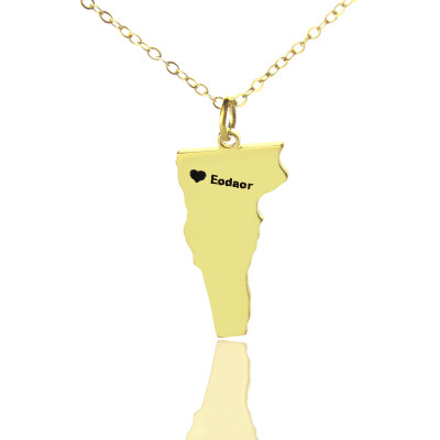 Custom Vermont State USA Map Necklace With Heart  Name Gold Plated - Handcrafted & Custom-Made