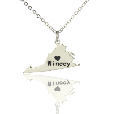 Virginia State USA Map Necklace With Heart  Name Silver - Handcrafted & Custom-Made