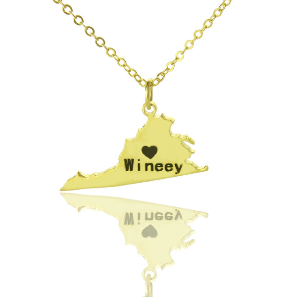 Virginia State USA Map Necklace With Heart  Name Gold Plated - Handcrafted & Custom-Made