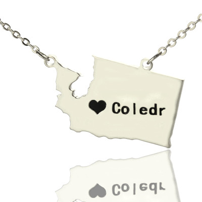 Washington State USA Map Necklace With Heart  Name Silver - Handcrafted & Custom-Made