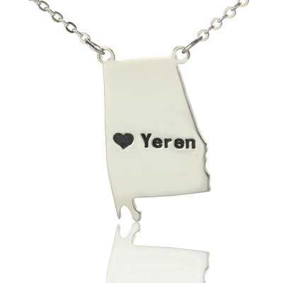 Custom Alabama State USA Map Necklace With Heart  Name Silver - Handcrafted & Custom-Made