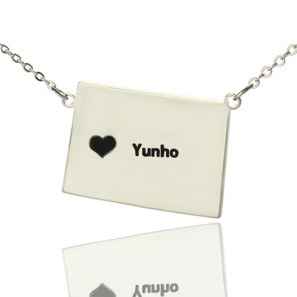 Wyoming State Shaped Map Necklaces With Heart  Name Silver - Handcrafted & Custom-Made
