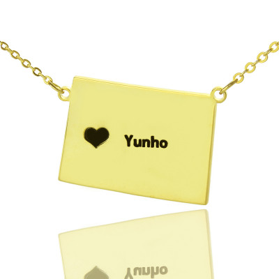 Wyoming State Shaped Map Necklaces With Heart  Name Gold Plated - Handcrafted & Custom-Made