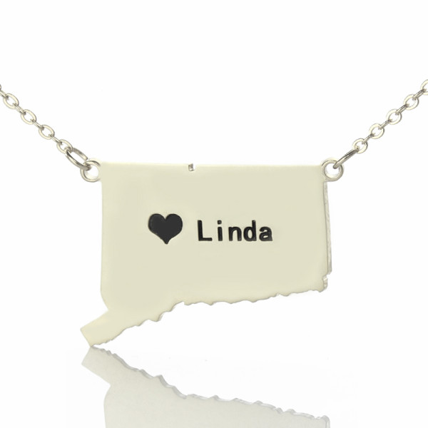 Connecticut State Shaped Necklaces With Heart  Name Silver - Handcrafted & Custom-Made