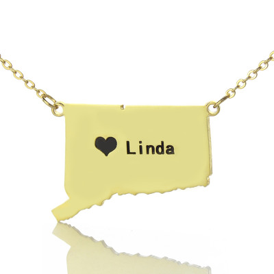 Connecticut State Shaped Necklaces With Heart  Name Gold Plate - Handcrafted & Custom-Made