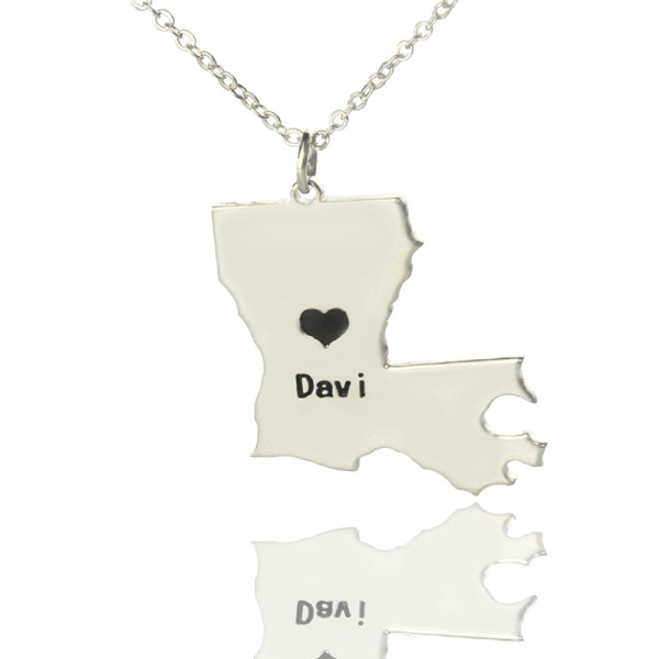 Custom Louisiana State Shaped Necklaces With Heart  Name Silver - Handcrafted & Custom-Made