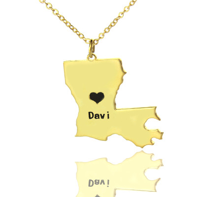 Custom Louisiana State Shaped Necklaces With Heart  Name Gold Plated - Handcrafted & Custom-Made