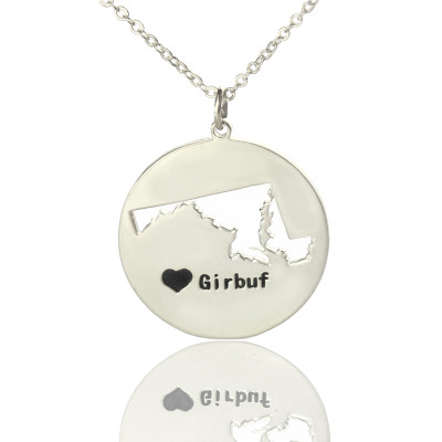 Custom Maryland Disc State Necklaces With Heart  Name Silver - Handcrafted & Custom-Made