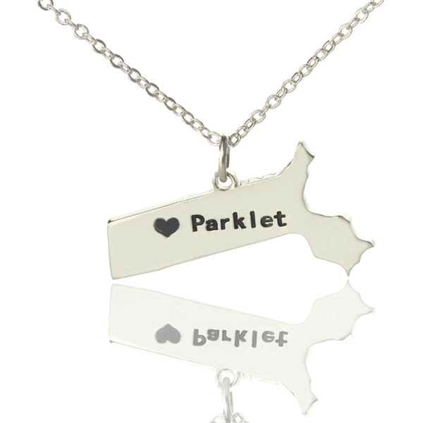 Massachusetts State Shaped Necklaces With Heart  Name Silver - Handcrafted & Custom-Made