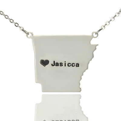 Custom AR State USA Map Necklace With Heart  Name Silver - Handcrafted & Custom-Made