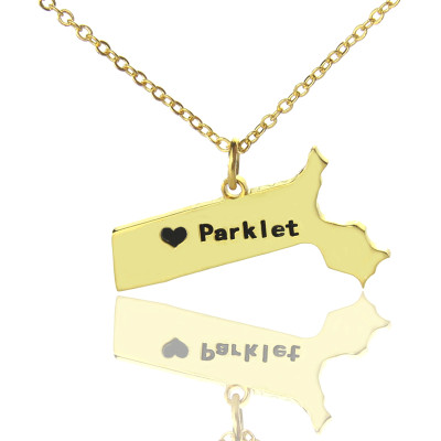 Massachusetts State Shaped Necklaces With Heart  Name Gold Plated - Handcrafted & Custom-Made