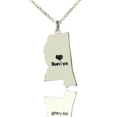 Mississippi State Shaped Necklaces With Heart  Name Silver - Handcrafted & Custom-Made