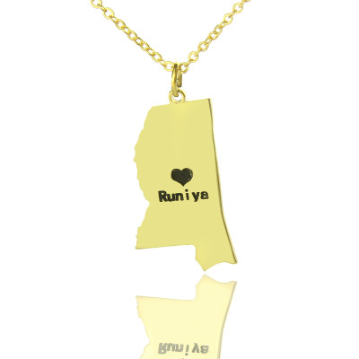 Mississippi State Shaped Necklaces With Heart  Name Gold Plated - Handcrafted & Custom-Made