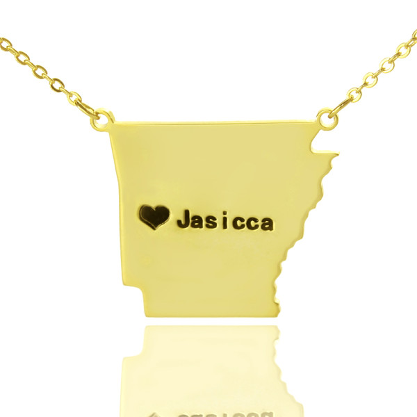 Custom AR State USA Map Necklace With Heart  Name Gold Plated - Handcrafted & Custom-Made