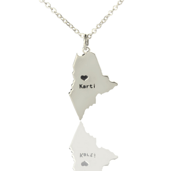 Custom Maine State Shaped Necklaces With Heart  Name Silver - Handcrafted & Custom-Made