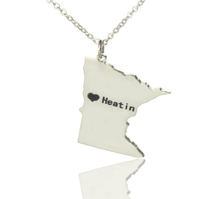 Custom Minnesota State Shaped Necklaces With Heart  Name Silver - Handcrafted & Custom-Made