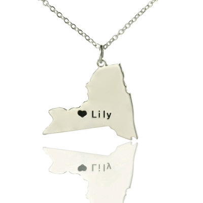 Personalised NY State Shaped Necklaces With Heart  Name Silver - Handcrafted & Custom-Made
