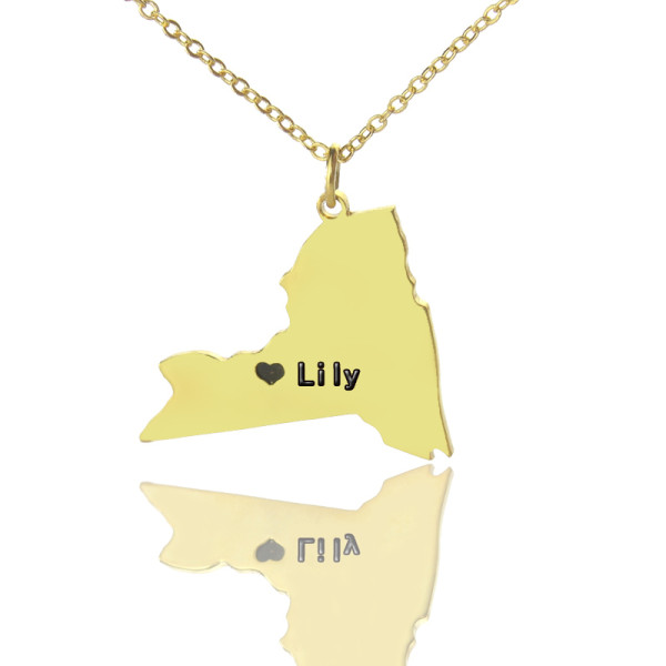 Personalised NY State Shaped Necklaces With Heart  Name Gold Plated - Handcrafted & Custom-Made