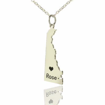 Custom Delaware State Shaped Necklaces With Heart  Name Silver - Handcrafted & Custom-Made