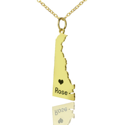 Custom Delaware State Shaped Necklaces With Heart  Name Gold Plated - Handcrafted & Custom-Made