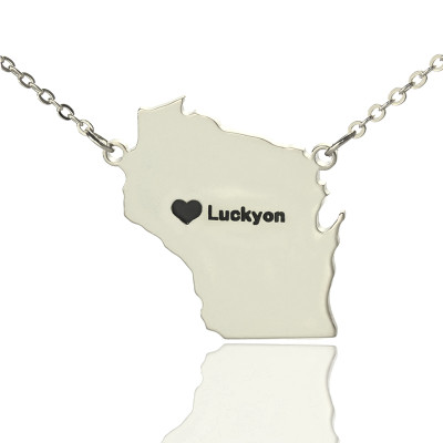 Custom Wisconsin State Shaped Necklaces With Heart  Name Silver - Handcrafted & Custom-Made