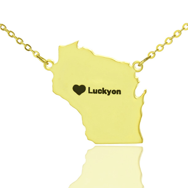 Custom Wisconsin State Shaped Necklaces With Heart  Name Gold Plated - Handcrafted & Custom-Made