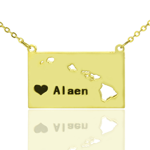 Custom Hawaii State Shaped Necklaces With Heart  Name Gold Plated - Handcrafted & Custom-Made