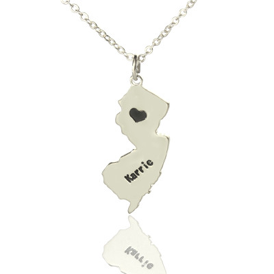 Custom New Jersey State Shaped Necklaces With Heart  Name Silver - Handcrafted & Custom-Made
