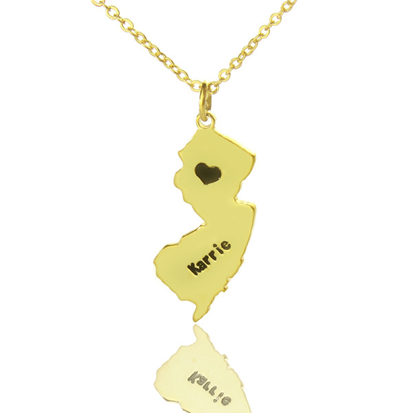 Custom New Jersey State Shaped Necklaces With Heart  Name Gold - Handcrafted & Custom-Made