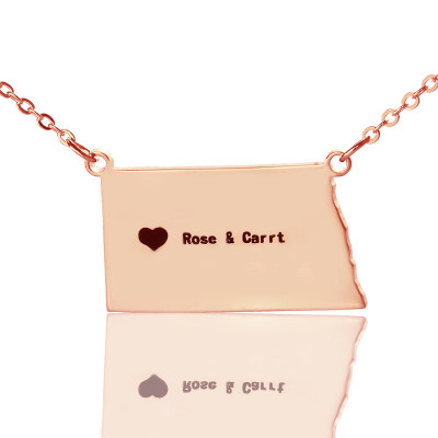 Personalised ND State USA Map Necklace With Heart  Name Rose Gold - Handcrafted & Custom-Made