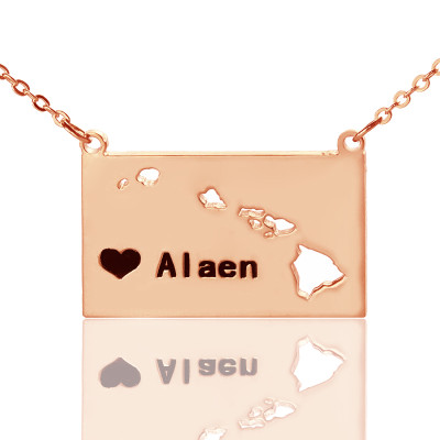Custom Hawaii State Shaped Necklaces With Heart  Name Rose Gold - Handcrafted & Custom-Made