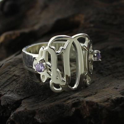 Birthstone Monogram Rings For Women Sterling Silver  - Handcrafted & Custom-Made