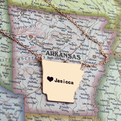 Custom AR State USA Map Necklace With Heart  Name Rose Gold - Handcrafted & Custom-Made