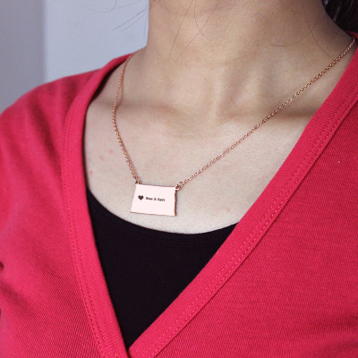 Personalised ND State USA Map Necklace With Heart  Name Rose Gold - Handcrafted & Custom-Made